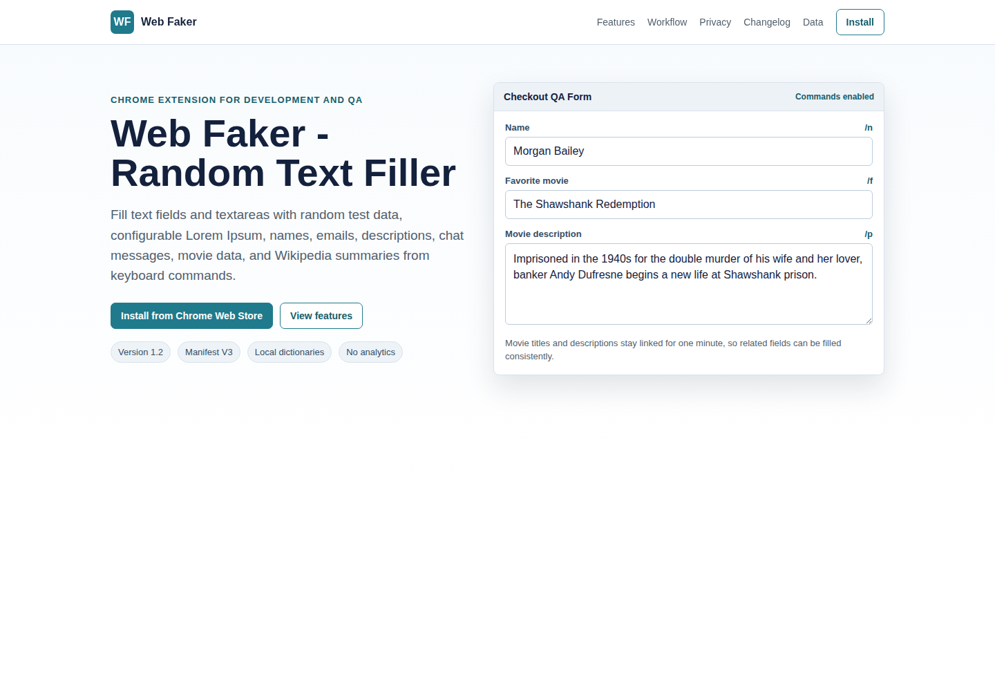 Web Faker Chrome extension landing page screenshot